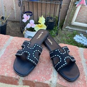 ANNA Black Slide Sandals with Square Stud Trim